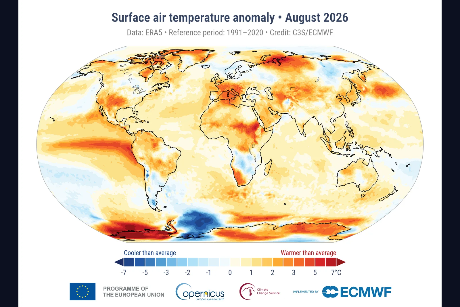 Mapa-múndi com as anomalias de temperatura de agosto de 2026