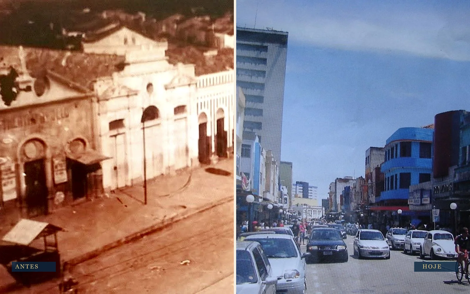 Montagem antes e depois: à esquerda, o Theatro Apollo em foto de época; à direita, a Rua Maciel Pinheiro atual, movimentada pelo comércio.