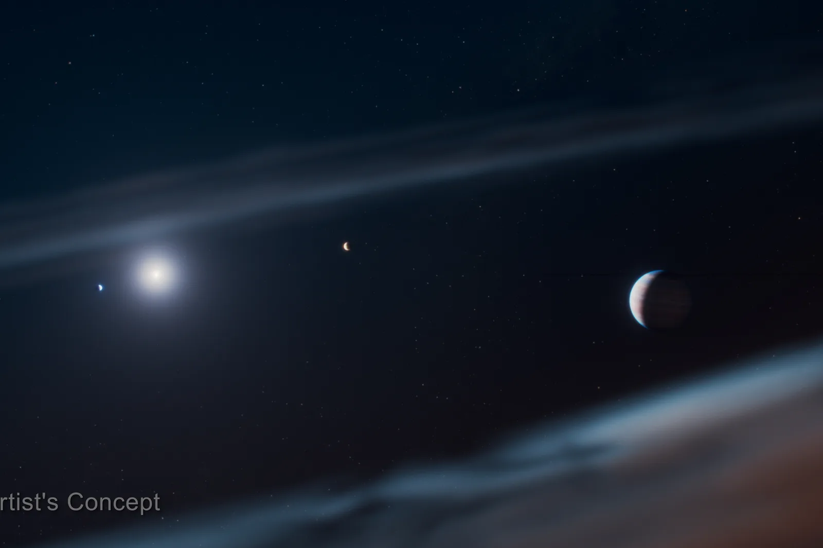 Ilustração do sistema Beta Pictoris com estrela, disco de poeira e planetas